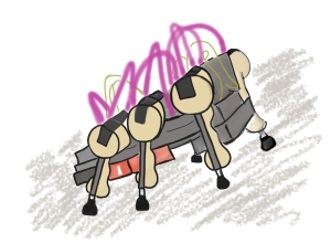 Member of the Sprawl family. One of the first fully dynamic locomoting hexapods. (Drawing by Marianne Alleyne)