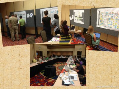 The Program Committee hard at work during the Summer Meeting. Top left - assigning symposia to rooms. Top right - ESA staff entering choices into ConFex. Bottom - sifting through all the submissions looking for duplicate entries, spelling mistakes, etc.